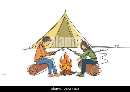 Continuous one line drawing romantic couple summer camp. Man and woman sitting by fireplace on log. Bonfire with marshmallow. Outdoor vacation in fore Stock Vector