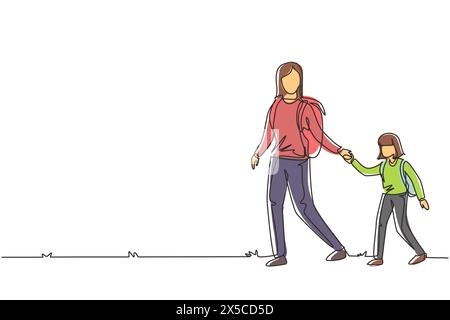 Single one line drawing happy mother taking her beauty daughter walking in camping ground. Picnic, recreation, traveling in nature trip. Modern contin Stock Vector