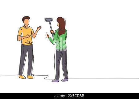 Single continuous line drawing blogging, vlogging, live video streaming, influencer opinion concept. Blogger, vlogger shooting video, create engaging Stock Vector