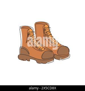 Single one line drawing tourist hiking boots icon. Trekking shoes vector. Outdoor activity men footwear. Outdoor leather boots symbol. Adventure shoes Stock Vector