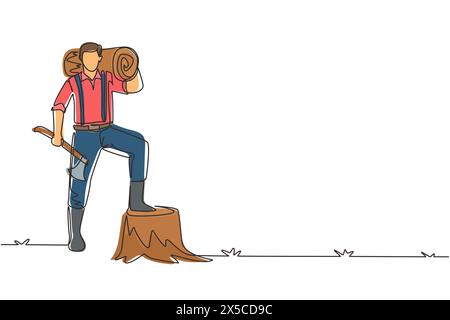 Single one line drawing lumberjack or woodcutter holding timber and axe. Wooden materials manufacturing, standing with axe, posing with one foot on tr Stock Vector