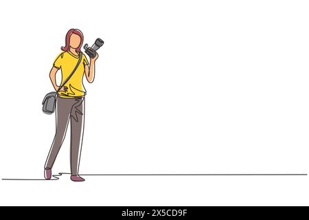 Single one line drawing woman paparazzi or journalist occupation, standing with digital camera and sling bag. Professional photographer taking picture Stock Vector