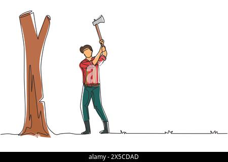 Single continuous line drawing lumberjack with an ax chopping wood. Woodcutter chopping tree with axe. Wearing shirt, jeans and boots. Man with ax in Stock Vector