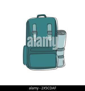 Single one line drawing hiking backpacks with sleeping bags. Camp, hike bags and knapsacks. Camping backpack for hiking, travel and tourism. Continuou Stock Vector