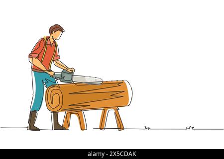 Continuous one line drawing sawmill concept. Professional lumberjack cutting tree by chainsaw for further transportation, processing. Global deforesta Stock Vector