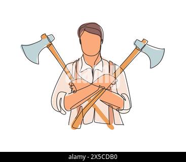 Single continuous line drawing lumberjack holding two axes crossed. Crossed axes, crossed firefighter axe, fireman axe, Hatchet for carpentry tools. O Stock Vector