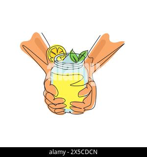 Single continuous line drawing hands hold refreshing detox lemonade drink with sliced lime, lemon, mint. Summer delicious lemonade in a vintage mug. O Stock Vector