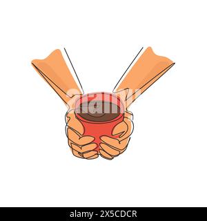 Single continuous line drawing hands holding a red cup of hot tea or coffee isolated on white background. Warming hands by mug of hot drink. Dynamic o Stock Vector