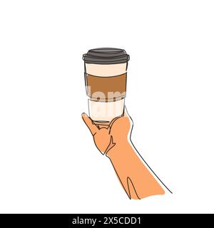 Continuous one line drawing coffee disposable cup in businessman hand. Coffee cup in line graphic. Hand of man holds coffee cup icon. Symbol of coffee Stock Vector