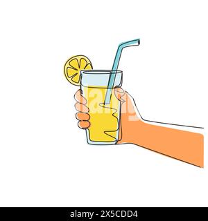 Single continuous line drawing lemonade served with ice cubes, hand holding refreshing beverage glass. Drink made of fresh lemon juice. Juicy water wi Stock Vector