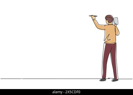 Single continuous line drawing business school professor teaching explaining and writing formula on chalkboard. Business man teacher standing at class Stock Vector