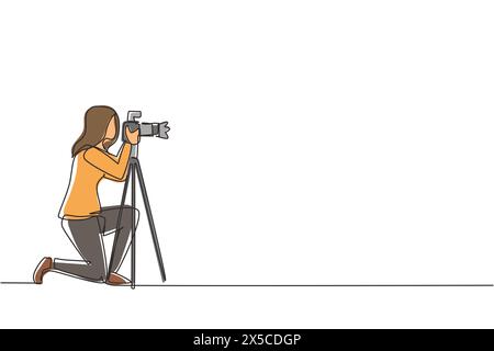 Single continuous line drawing professional photographer woman kneeling for taking pictures with digital camera and tripod. Digital photography hobby Stock Vector