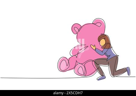 Single continuous line drawing young beautiful girl hugging big huge teddy bear soft toy happy smiling. Young female hugging teddy bear stuffed animal Stock Vector