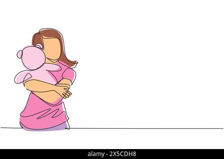 Single continuous line drawing cute teenage girl holding her teddy bear, young woman with teddy bear in hand. Young female hugging teddy bear stuffed Stock Vector