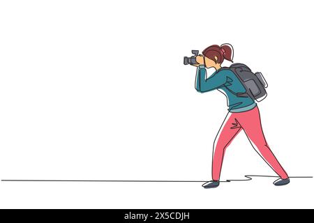 Single continuous line drawing woman journalist or reporter with backpack making pictures. Photographers of paparazzi taking photo with digital camera Stock Vector