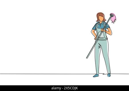 Single one line drawing happy female cleaning staff member holding mop in gloves on white background. Concept of different people like working in clea Stock Vector