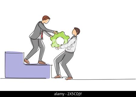 Continuous one line drawing businessman helping his partner to lifting cogs or gears on top of stairs. Teamwork, goal achievement, solution, success, Stock Vector