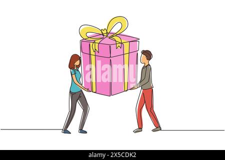 Single continuous line drawing happy couple man and woman are carrying a huge gift box. Big bonus or special offer. Happy birthday present. Dynamic on Stock Vector