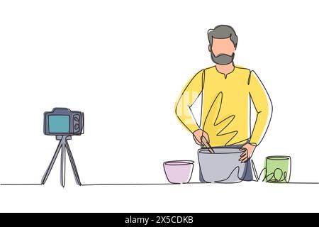 Single continuous line drawing vegetarian food blogger, Arabian man stir and cook vegetable salad. Online culinary course tutorials, foods preparation Stock Vector
