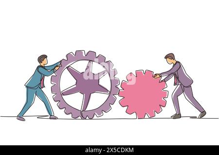 Single continuous line drawing two businessman pushing big cogs together. Teamwork cooperation in gears mechanism. Young men working on push gears, te Stock Vector