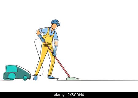 Single one line drawing man with vacuum cleaners of various types isolated on white background. Washing and cleaning service. Disinfection and cleanin Stock Vector