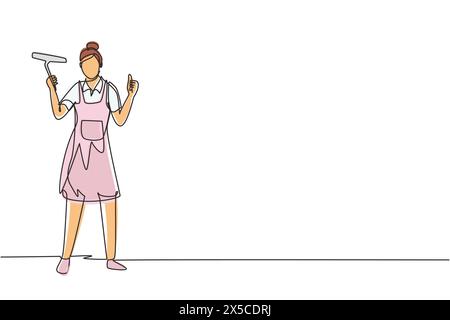 Continuous one line drawing window cleaner in uniform with professional equipment for cleaning windows. Woman cleaning and rub windows of building usi Stock Vector