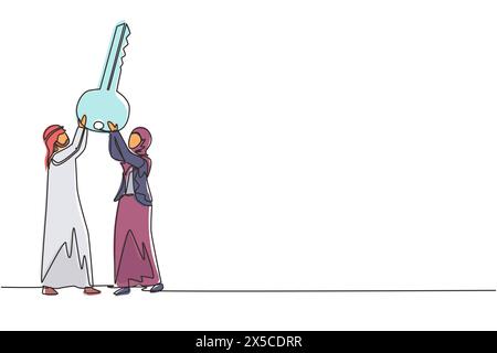 Single continuous line drawing Arabian businessman and businesswoman lift up big key, symbol of success. Male and female hold together key. Partnershi Stock Vector