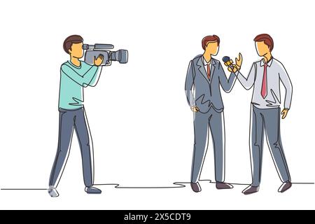 Single one line drawing journalists take interview. TV host or reporter and cameraman questioning man. Broadcasting reportage with cameraman. Continuo Stock Vector