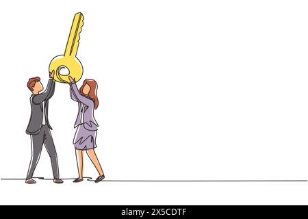 Single one line drawing businessman and businesswoman lift up big golden key, symbol of success. Male and female hold together key. Partnership can le Stock Vector