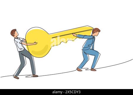 Single one line drawing teamwork, coworking, cooperation, partnership, business concept. Team of businessmen partners coworkers managers holding big k Stock Vector