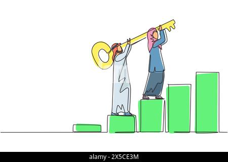Continuous one line drawing teamwork, key to success. Unlock business solution. Arab businessman and businesswoman with key climbing up column chart t Stock Vector