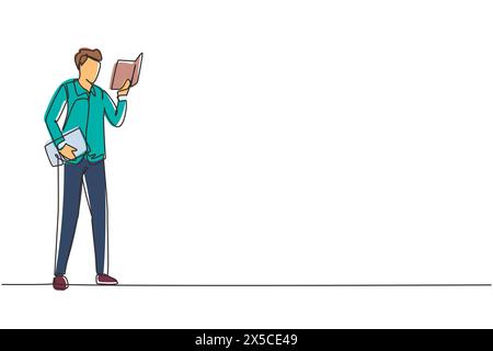 Continuous one line drawing young man stands and holds book in his hands. Guy reading book. Student in university library. Boy spending spare time by Stock Vector