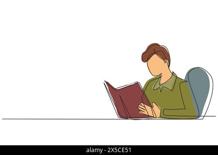 Single continuous line drawing student sitting at table, holding book in hands. Student reading book in library. Student reading book and preparing fo Stock Vector