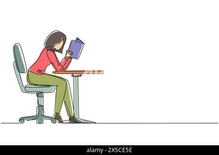 Single continuous line drawing girl student reading book in library or bookshop and sitting on chair at table. People read and study education or pupi Stock Vector
