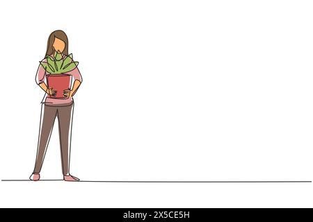 Single one line drawing cute girl standing and holding houseplants in pots. Female taking care of houseplants. Potted plants in house. Modern continuo Stock Vector