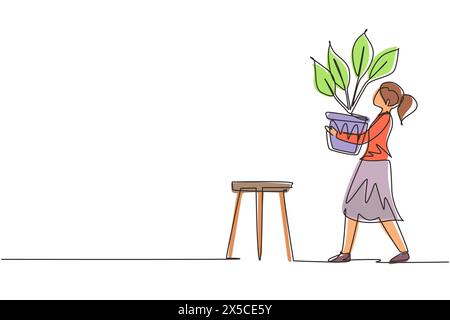 Continuous one line drawing young woman in cozy room holds pot with plant in her hands. Growing and caring house plants. Gardener takes care of home g Stock Vector