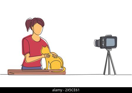 Continuous one line drawing vet blogger sitting in front of camera with cats and recording video blog about animals, pets. Zoo psychologist creating c Stock Vector