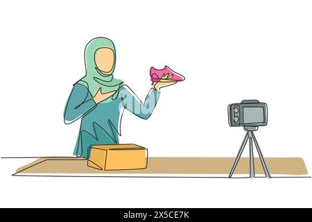 Single one line drawing beautiful Arab female fashion blogger talking about trendy sneakers while making a video for her blog. Blogging about new prod Stock Vector