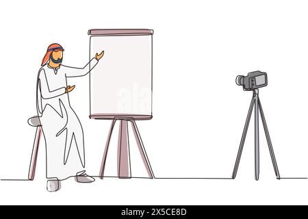 Single one line drawing Arab businessman blog doing presentation. Marketer, financial advisor, business coach, trainer. Entrepreneur streaming webinar Stock Vector