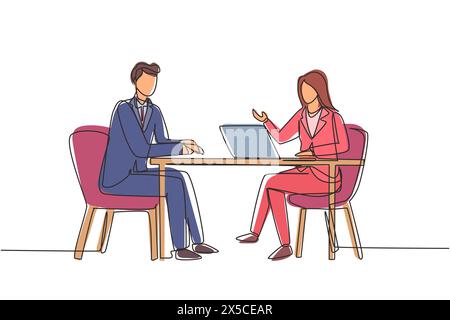 Single continuous line drawing woman journalist interviewing guy at desk. Microphone, discussion, speech. Social media, communication concept. Dynamic Stock Vector