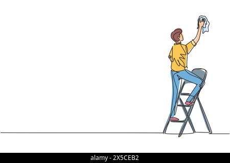 Single continuous line drawing window washer is cleaning window using a squeegee. Housekeeping service. Cleaner standing on ladder and washing with sp Stock Vector