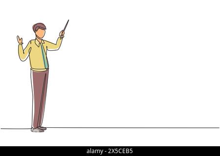 Single one line drawing standing businessman teacher wearing tidy shirt pointing with wooden pointer stick. Educational concept, courses, trainings. C Stock Vector