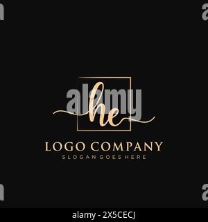 HE Initial handwriting logo with rectangle Stock Vector