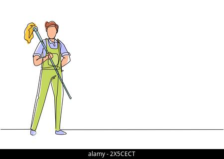 Continuous one line drawing happy male cleaning staff member is holding mop in gloves on white background. Concept of different people like working in Stock Vector