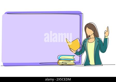 Continuous one line drawing young woman teacher standing in front of class with book on her hands, pile of books on table. Female teacher teach in cla Stock Vector