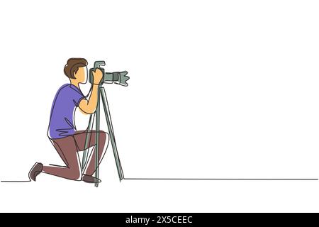 Single continuous line drawing professional photographer man kneeling for taking pictures with digital camera and tripod. Digital photography hobby. O Stock Vector