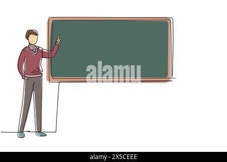 Continuous one line drawing man teacher professor standing in front of blackboard teaching student in classroom. College class or university teacher t Stock Vector