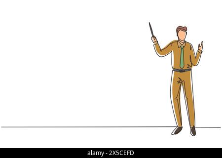 Continuous one line drawing school teacher. Man in tidy shirt, tie and standing with pointer. Lecturer, professor, instructor, businessman for educati Stock Vector
