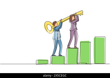 Continuous one line drawing teamwork, key to success. Unlock business solution concept. Businessman or entrepreneur with key climbing up column chart Stock Vector