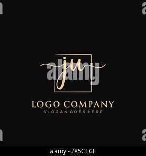JU Initial handwriting logo with rectangle Stock Vector